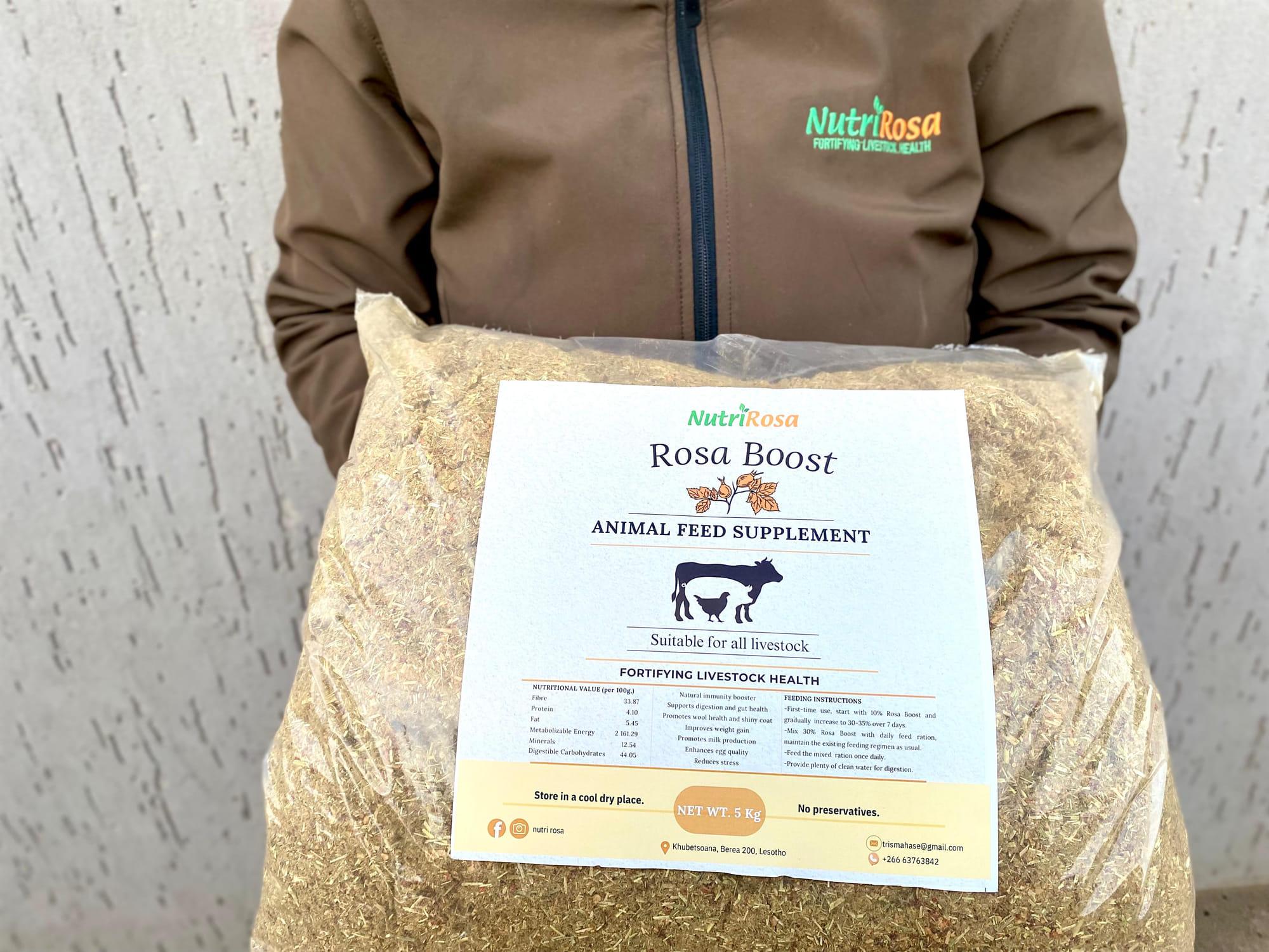 Nutri Rosa Rosa Boost feed supplement held for product display